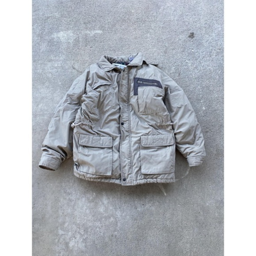 Vintage Loose Parka Jacket Boys XL 18/20 Beige Down Plaid Lined Winter‎ Coat VTG